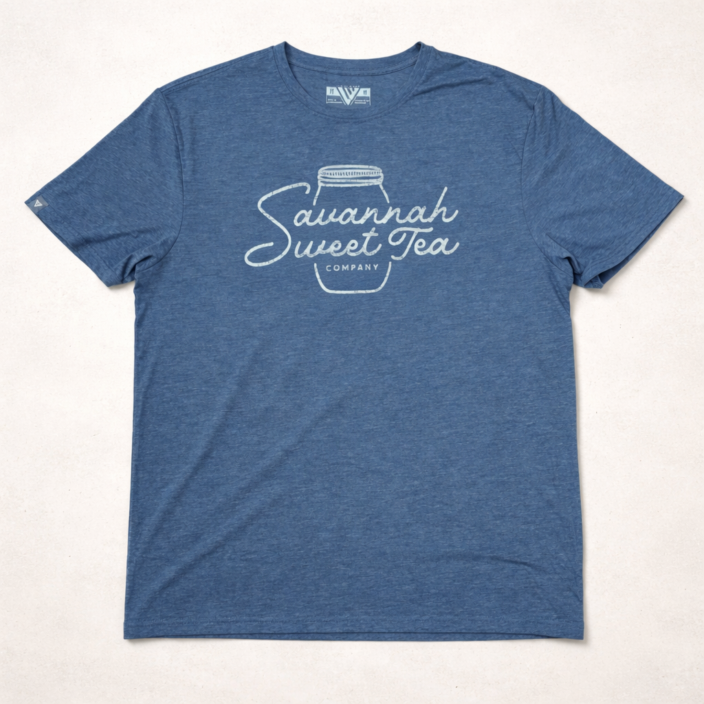 Blue t-shirt with 'Savannah Sweet Tea' logo on a white background